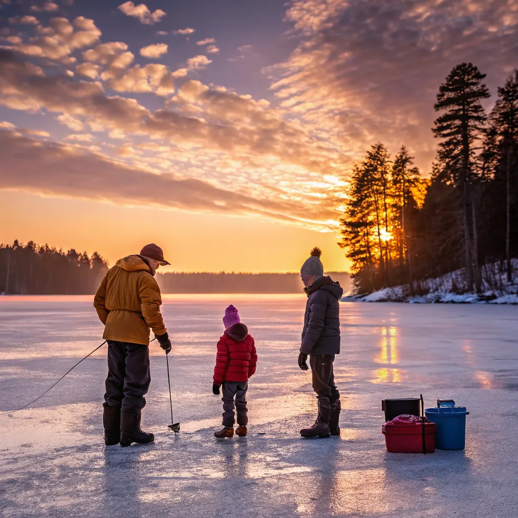 Family ice fishing together at sunrise on a frozen lake